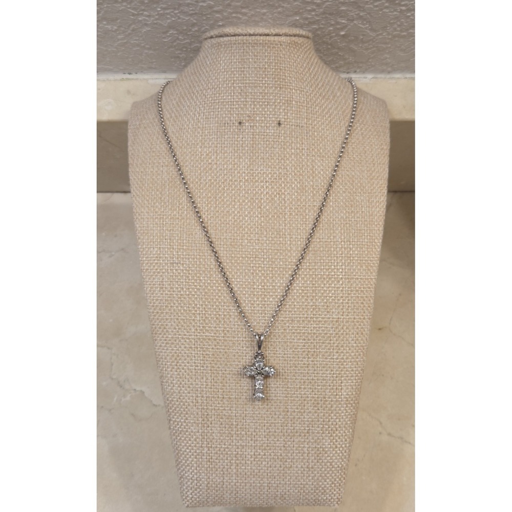 Vintage Sterling Silver Marquise Crystal Marcasite Cross On 18" Sterling Chain
